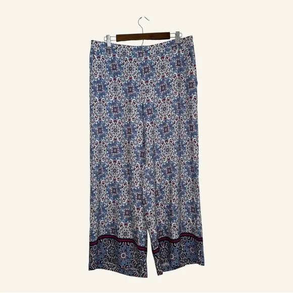 Loft Women's Size L Floral Linen Blue Cotton Elastic Waist High Rise Crop Pants - Picture 1 of 9